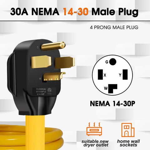 Hassle Free Plug And Charge Your Electric Ride With This Nema 14-30P To 14-50R Ev Charger Adapter Cord For Smooth Level Two Power Transfer On Any Modern Dryer Outlet Ten Foot Etl Certified Cable showcasing a 30A NEMA 14-30 male plug with gold prongs.