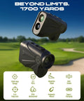 Golf Rangefinder With Slope And Magnetic Stripe, Locks On Cart Bar For Quick Pin Lock, shown on golf course background