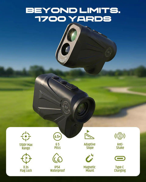 Golf Rangefinder With Slope And Magnetic Stripe, Locks On Cart Bar For Quick Pin Lock, shown on golf course background