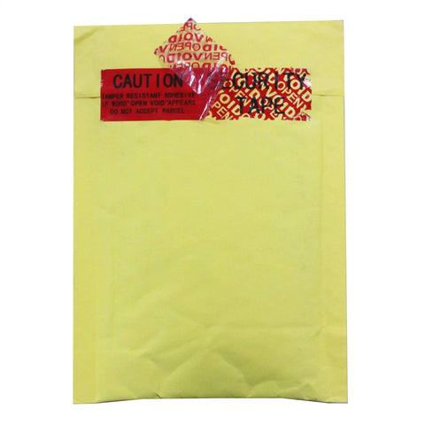 Front view of yellow padded shipping envelope sealed with red VOID tamper-evident tape.
