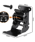 4 Pack Heavy Duty Folding Brackets Rock Solid Self Locking Extension Supports With Mounting Hardware For Table Bed And Workbench Legs Beefy Cold Rolled Steel Black close-up of a bracket with dimensions and screw.