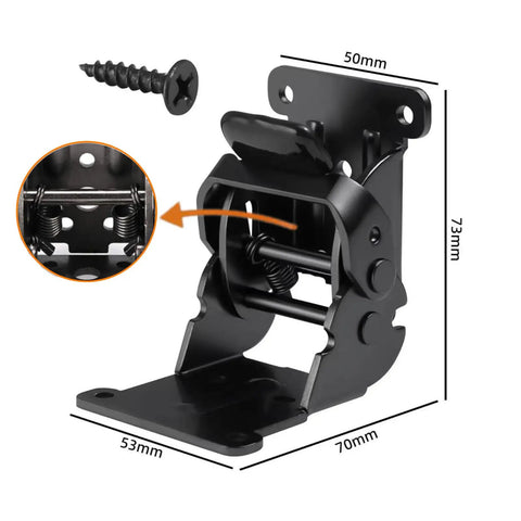 4 Pack Heavy Duty Folding Brackets Rock Solid Self Locking Extension Supports With Mounting Hardware For Table Bed And Workbench Legs Beefy Cold Rolled Steel Black close-up of a bracket with dimensions and screw.