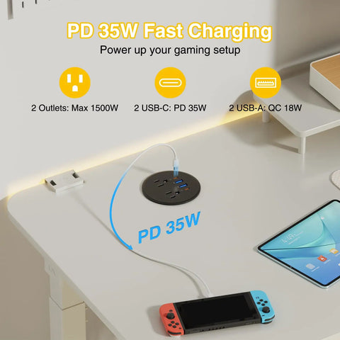 Three Inch Desktop Power Grommet With 35W USB C Fast Charging And Dual 18W USB A Outlets Black Six Foot Cord on desk with devices.