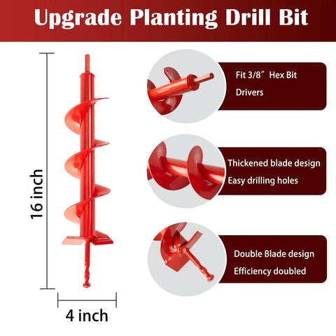 Four By Sixteen Inch Auger Drill Bit For Planting And Ice Fishing With Upgraded Thickened Blades And Cemented Carbide Tips, Three Eighths Inch Hex Drive, Heavy Duty Steel Construction For Fast Soil Drilling And Ice Hole Cutting, shown in red with detailed blade design and specifications.