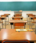 School Bus Themed Desk Name Tags Set With 36 Self Adhesive Name Plates For Classrooms on student desks in a classroom