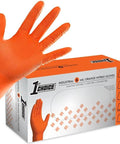 Front view of 1st Choice 6 mil orange nitrile disposable gloves box; large size with diamond-textured grip, 100-count.