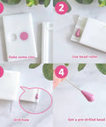 Steps for using Pro Polymer Clay Bead Roller And Hole Maker Kit: shaping and piercing a teardrop bead with molds and needle tool.