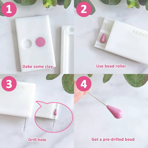 Steps for using Pro Polymer Clay Bead Roller And Hole Maker Kit: shaping and piercing a teardrop bead with molds and needle tool.