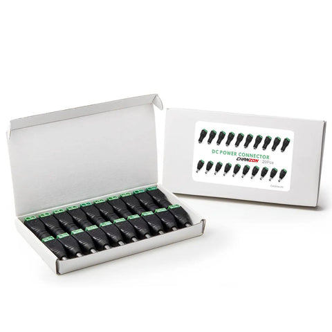 Rock Solid 5.5Mm X 2.1Mm Dc Power Connectors With Thick Copper Cores in a box, includes 20 plugs for quick install.