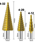 Six Piece Step Drill Bit Kit With Cool Triangle Handles For Metal And Wood, Heavy Duty HSS Hole Cutter Tool For Electric Drills And Bench Tools That Works Like A Champ. Three HSS step drill bits shown with 4-32, 4-20, 4-12 ranges and sizes.