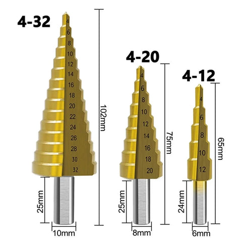 Six Piece Step Drill Bit Kit With Cool Triangle Handles For Metal And Wood, Heavy Duty HSS Hole Cutter Tool For Electric Drills And Bench Tools That Works Like A Champ. Three HSS step drill bits shown with 4-32, 4-20, 4-12 ranges and sizes.