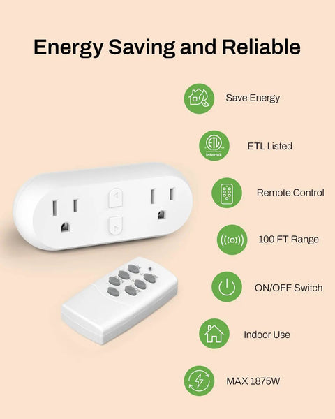 Dual Independent Socket Wireless Remote Outlet With 2 Switches, Space Saving Plug In Design, ETL Certified, remote and outlet displayed