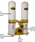 Heavy Duty TurboCone Dust Collector With 3HP Motor 230V Single Phase Setup featuring dual filter bags and rolling casters.