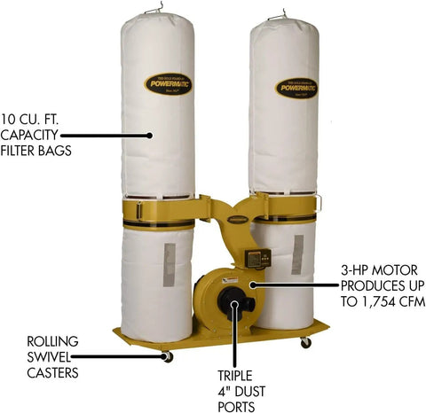 Heavy Duty TurboCone Dust Collector With 3HP Motor 230V Single Phase Setup featuring dual filter bags and rolling casters.