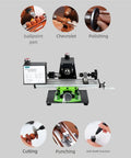 Heavy Duty 1200W Mini Metal Lathe Machine With High Speed Motor For Precision Woodworking And Metal Polishing Includes Cooling Fan And Robust Chuck Setup Drilling And Grinding Tool For Shop Projects displayed with features for cutting and polishing.