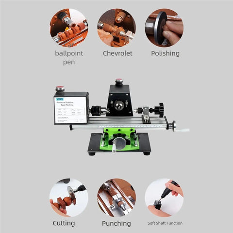 Heavy Duty 1200W Mini Metal Lathe Machine With High Speed Motor For Precision Woodworking And Metal Polishing Includes Cooling Fan And Robust Chuck Setup Drilling And Grinding Tool For Shop Projects displayed with features for cutting and polishing.