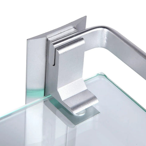 Close-up of Glass Bathroom Shelf With Hand Towel Bar Wall Mounted Rectangular Storage Extra Thick Tempered Glass 15.2 x 4.5 Inches