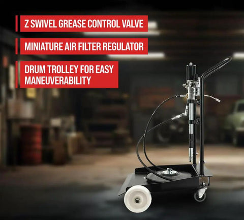 50 to 1 Ratio Air Operated Grease Pump Kit for 5 Gallon Bucket With Trolley Mounted Setup in workshop
