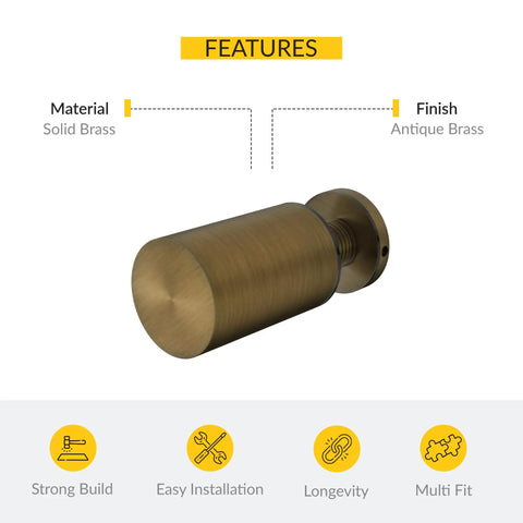 Solid Brass Glass Door Knob With Antique Brass Finish, Single Mount, Fits Three Sixteenths To One Half Inch Glass, Side View