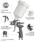 Pro Grade Gravity Feed Air Paint Sprayer Gun Kit Featuring 1.3 1.5 1.7 Mm Swappable Tips And Built In Oil Water Separator For Heavy Duty Auto And Home Painting Jobs That Kick Butt And Run Smooth Grey with 125CC plastic cup and stainless steel nozzle.