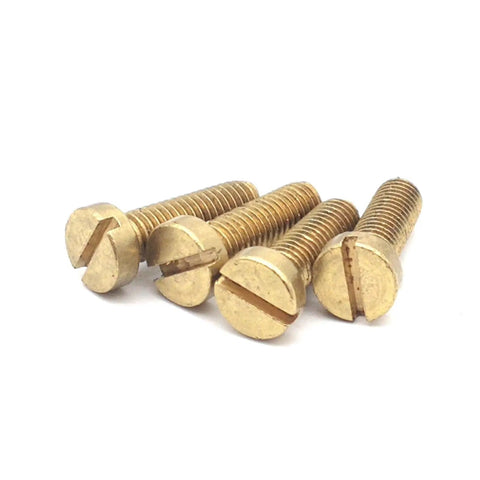 Premium Brass Slotted Round Head Screws Pack Of Twenty Pieces Make A Killer Addition To Any Shop Gotta Grab These Top Shelf Metal Fasteners Tough Machine Bolts In M2 Through M8 Sizes, detailed view of four screws.