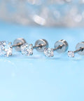 Nailed It 20G Titanium Screw Back Earrings For Sensitive Ears Men Women Hypoallergenic Nickel Free Implant Grade F136 Titanium showcasing four sizes with clear stones.