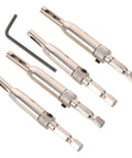Kick It Up A Notch With This 4pc Self Centering Door Hinge Drill Bit Set Featuring Steel Carbide Tips And Reinforced Guide Sleeve For Smooth Woodworking And Window Replacements That Cut The Wobble. Set includes four steel drill bits and an Allen wrench.