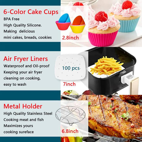 Image displaying contents of 17 Piece Must Have Kickass Air Fryer Accessory Kit For 7 Inch Square Pans And Racks With Cake Pan Pizza Pan Skewers Holder Silicone Mat Egg Bites Mold Oil Brush Food Clip Cookbook BPA Free Nonstick Dishwasher Safe, including 6-color cake cups, air fryer liners, and metal holder.