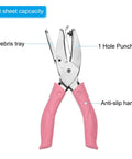 Dual Size Circle Hole Punch Set For Paper Craft And Scrapbooking, pink puncher with anti-slip handle, debris tray, and 8 sheet capacity.