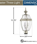 Dimensions of Lancaster Traditional 3 Light Outdoor Post Light Fixture In Antique Brushed Nickel Finish Wet Location Rated CETL Listed