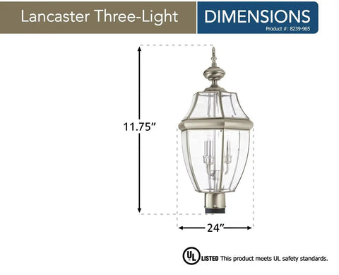 Dimensions of Lancaster Traditional 3 Light Outdoor Post Light Fixture In Antique Brushed Nickel Finish Wet Location Rated CETL Listed