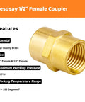3 Pack Half Inch Brass Coupler Set Half Inch NPT Female To Female Hex Nipple Air Hose Fittings Durable Solid Brass Corrosion Resistant Easy Threading For DIY Projects Home Garage Workshop Use