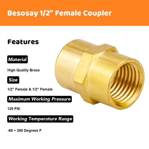 3 Pack Half Inch Brass Coupler Set Half Inch NPT Female To Female Hex Nipple Air Hose Fittings Durable Solid Brass Corrosion Resistant Easy Threading For DIY Projects Home Garage Workshop Use