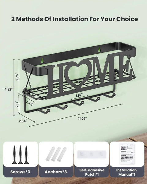 Streamline Your Entryway With This 5 Hook Wall Key Holder And Mesh Mail Basket Organizer In Matte Black Perfect For Keys And Mail And Quick Grab Essentials Before You Step Out The Door, shown installed with dimensions and installation options.