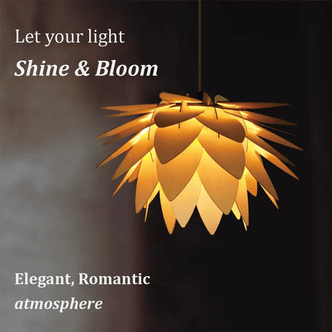 Lotus Flower Plug-In Pendant Light With Wood Boho Shade, 15Ft Rope Cord illuminating soft warm glow in dim room