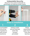 Installation steps for Hardware Mounted Metal Baby Gate For Stairs And Doorways, showing template marking and drilling.