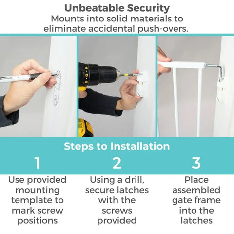 Installation steps for Hardware Mounted Metal Baby Gate For Stairs And Doorways, showing template marking and drilling.