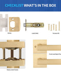 Checklist showing components in the Six Pack Satin Brass Privacy Door Leverset With Lock For Bedroom And Bath Left Or Right Handed Sleek Dope Modern Durable Lever Set With Smooth Operation For Home And Office, including strike, latch bolt, screws kit, heavy steel frame, and front and back panel.