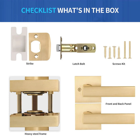 Checklist contents of 6 Pack Satin Brass Interior Door Handles With Passage Function, including strike, latch bolt, and screws kit.