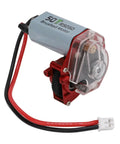 Heavy Duty RC Gearbox With 050 50T Steel Motor For RC Cars, red and silver brushed motor with transparent housing.
