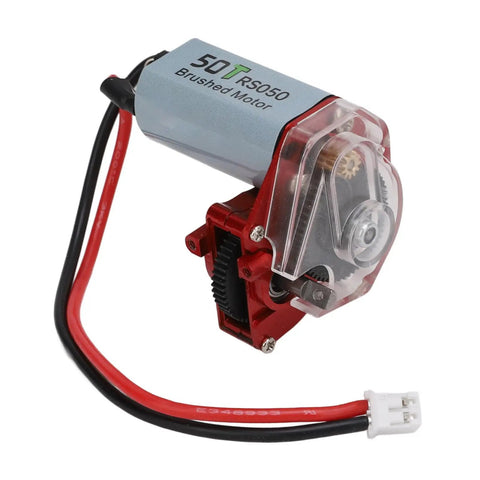 Heavy Duty RC Gearbox With 050 50T Steel Motor For RC Cars, red and silver brushed motor with transparent housing.