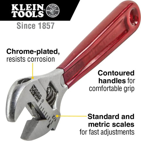 Adjustable Drive Wrench, Half Inch Jaw Capacity, Four Inch Length, High Polish Chrome Finish, Plastic Dipped Handle, side view