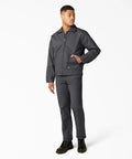 Classic Mens Lined Eisenhower Jacket Heavy Duty Workwear Rugged Poly Cotton Twill Wrinkle Resistant Charcoal Plus Size 3X side view model wearing jacket