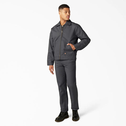 Classic Mens Lined Eisenhower Jacket Heavy Duty Workwear Rugged Poly Cotton Twill Wrinkle Resistant Charcoal Plus Size 3X side view model wearing jacket