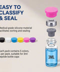 Silicone caps and a vial from Purple Peptide Case For Fridge And Travel With EVA Vial Organizer