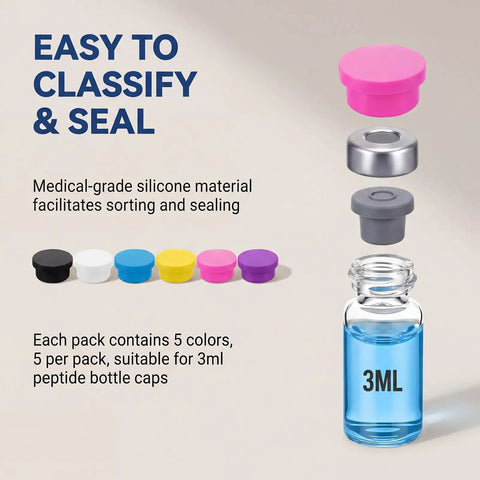 Silicone caps and a vial from Purple Peptide Case For Fridge And Travel With EVA Vial Organizer