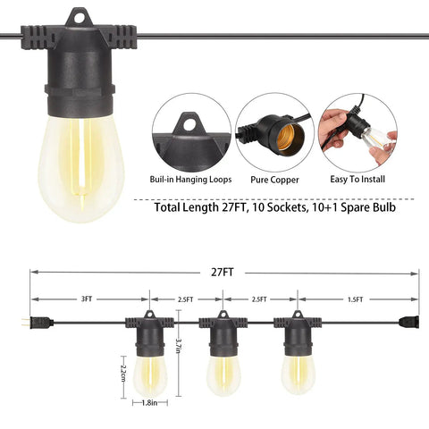 Diagram of Two Pack 27 Ft Outdoor String Lights S14 LED Warm White IP65 showing dimensions, sockets, hanging loops, and installation details.