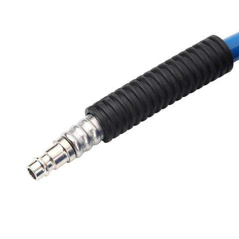 Close-up of Rock Solid Heavy Duty PVC Air Compressor Hose 2 Pack 30 Meter Length 300 Psi Max Pressure with quick connect end.