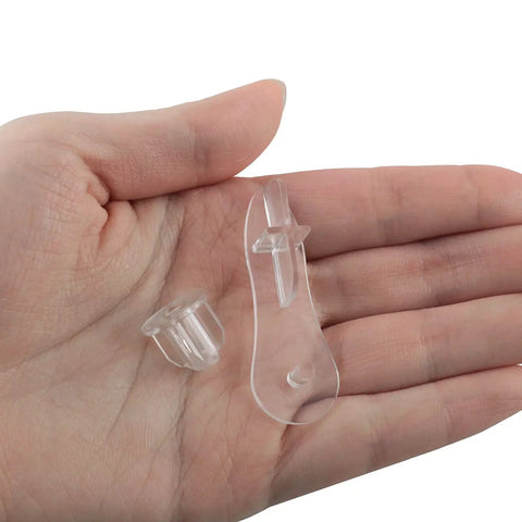 Hand holding Bottom Rail End Caps For Blinds Set Of 2, Guide Rail End Covers For Zebra Roller Shades, transparent plastic parts.
