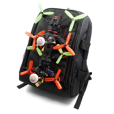 Backpack with mounted FPV drone using Backpack Mount Kit For FPV Drones, 2 Pack Lock Mounts And Plug In Bundle, side view
